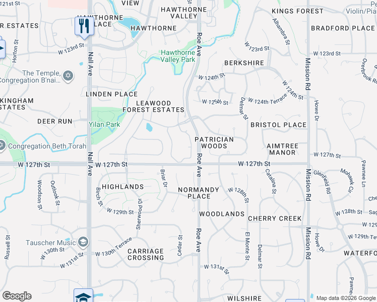 map of restaurants, bars, coffee shops, grocery stores, and more near 12616 Cedar Street in Leawood