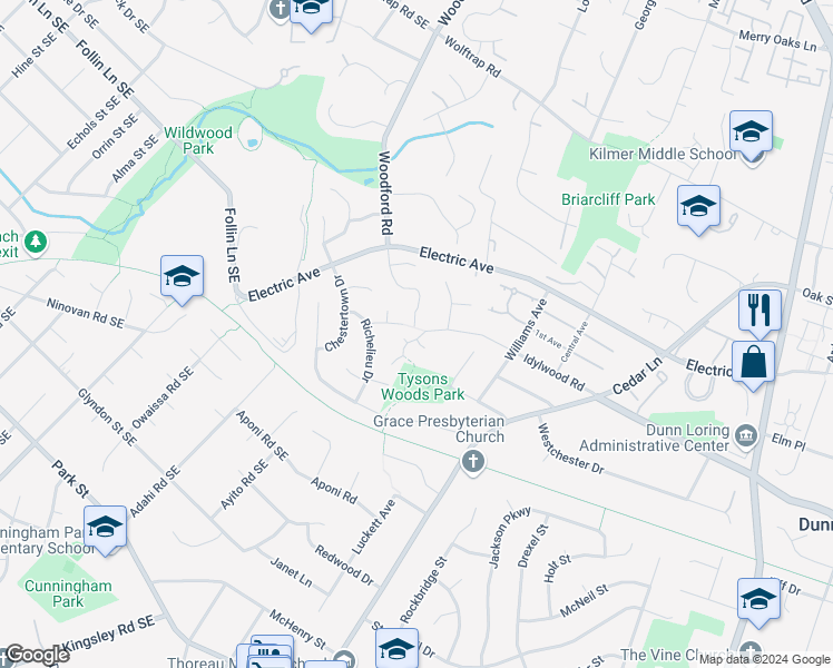 map of restaurants, bars, coffee shops, grocery stores, and more near 8431 Idylwood Road in Vienna