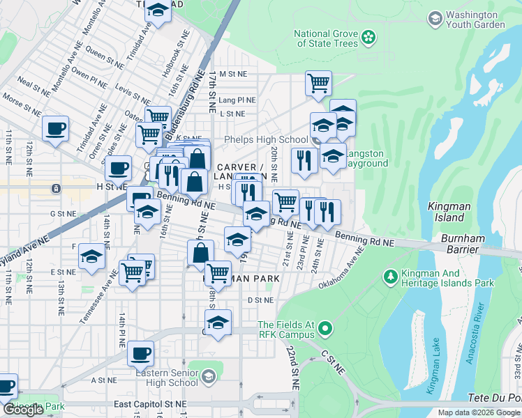 map of restaurants, bars, coffee shops, grocery stores, and more near 101 Independence Avenue Southeast in Washington