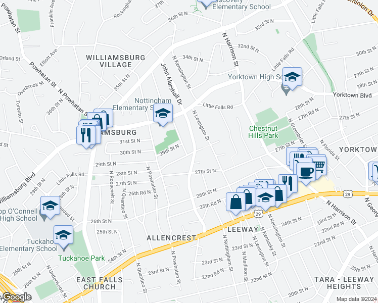 map of restaurants, bars, coffee shops, grocery stores, and more near 6005 28th Street North in Arlington