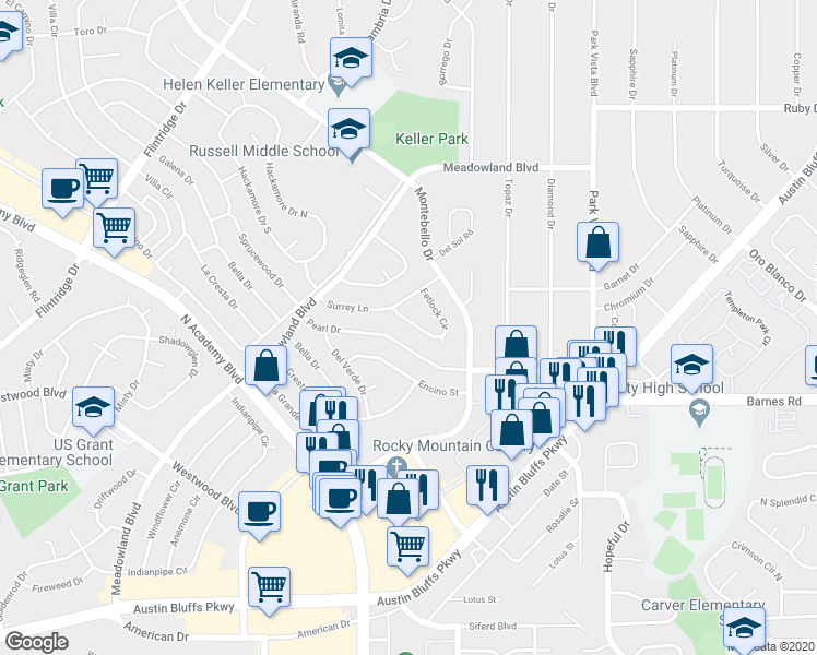 map of restaurants, bars, coffee shops, grocery stores, and more near 3853 Fetlock Circle in Colorado Springs