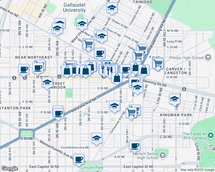 map of restaurants, bars, coffee shops, grocery stores, and more near 101 Independence Avenue Southeast in Washington