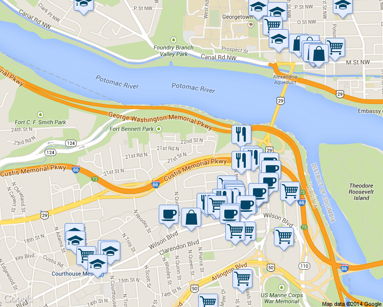 map of restaurants, bars, coffee shops, grocery stores, and more near 1712 21st St N in Arlington