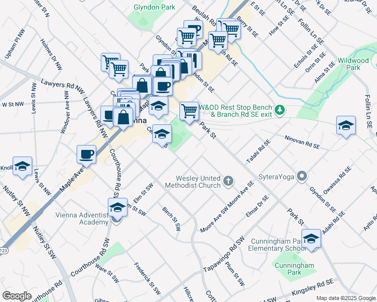 map of restaurants, bars, coffee shops, grocery stores, and more near 422 Center Street South in Vienna