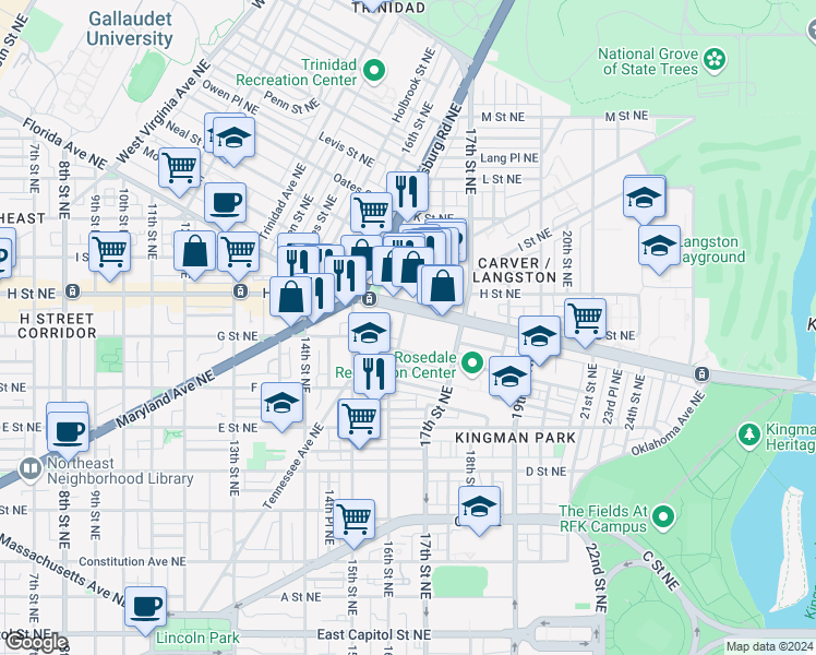 map of restaurants, bars, coffee shops, grocery stores, and more near 723 16th Street Northeast in Washington