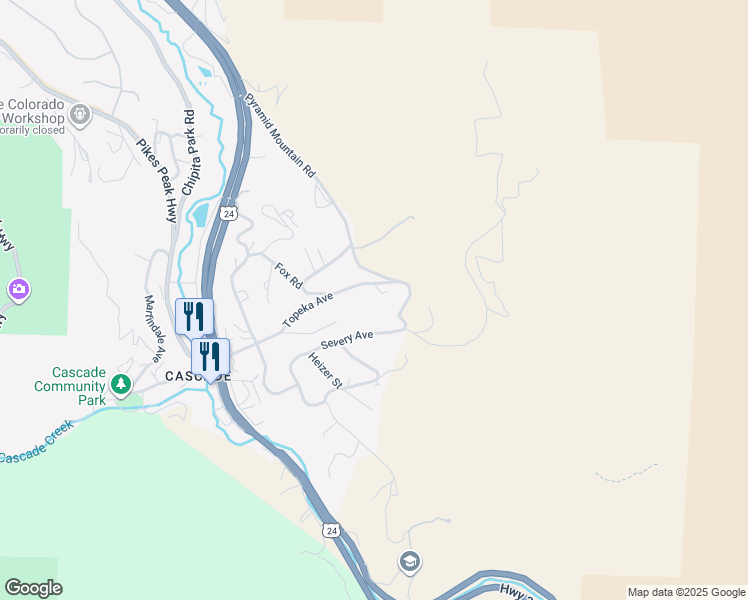 map of restaurants, bars, coffee shops, grocery stores, and more near 7735 Topeka Avenue in Cascade-Chipita Park