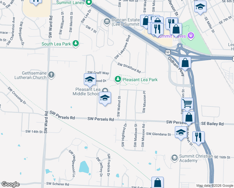 map of restaurants, bars, coffee shops, grocery stores, and more near 1112 Southwest Walnut Street in Lee's Summit