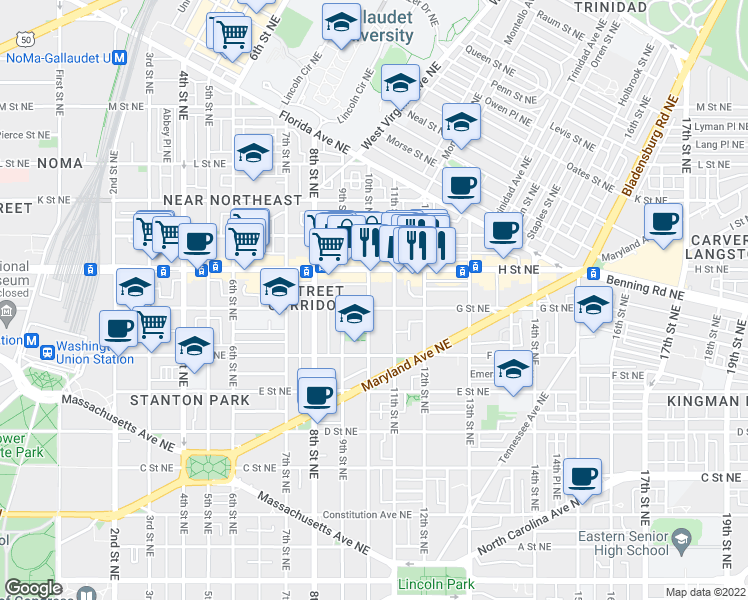 map of restaurants, bars, coffee shops, grocery stores, and more near 707 10th Street Northeast in Washington