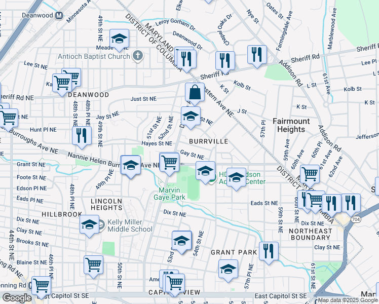 map of restaurants, bars, coffee shops, grocery stores, and more near 5324 Gay Street Northeast in Washington