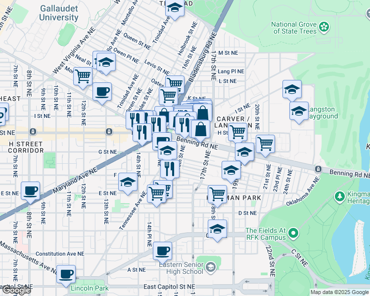 map of restaurants, bars, coffee shops, grocery stores, and more near 723 16th Street Northeast in Washington
