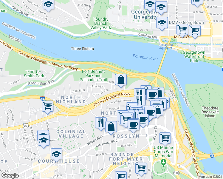 map of restaurants, bars, coffee shops, grocery stores, and more near 21st St N & N Pierce St in Arlington