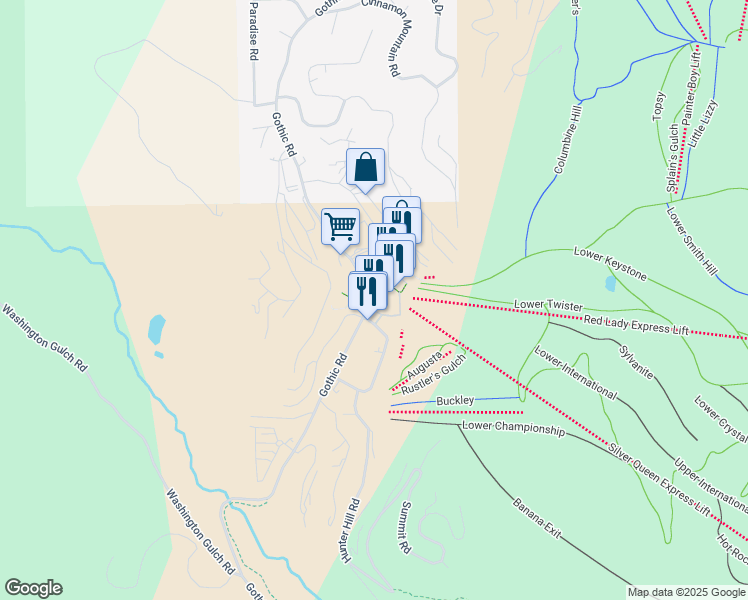 map of restaurants, bars, coffee shops, grocery stores, and more near 1349 Crested Butte Way in Crested Butte