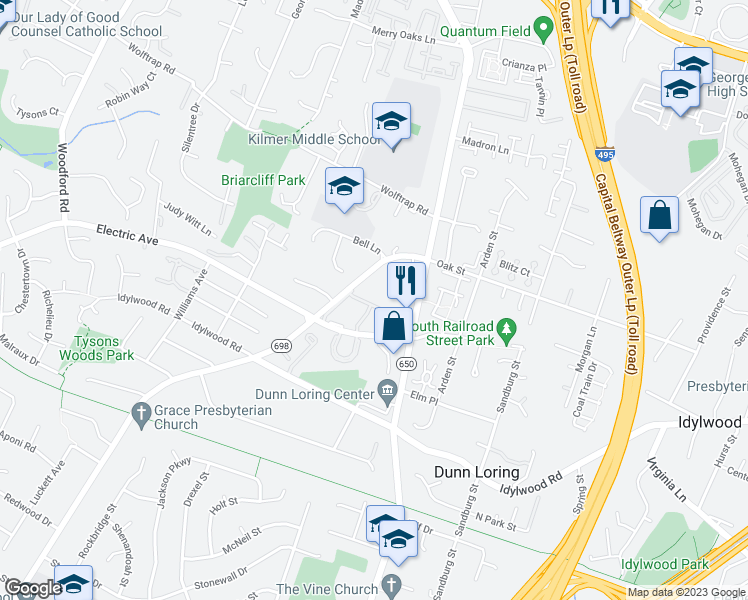 map of restaurants, bars, coffee shops, grocery stores, and more near 8138 Larkin Lane in Vienna