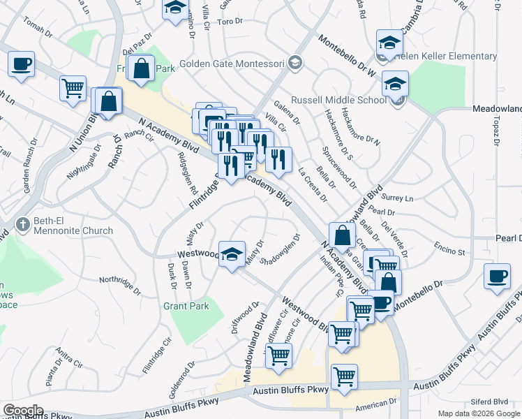 map of restaurants, bars, coffee shops, grocery stores, and more near 4615 Misty Drive in Colorado Springs