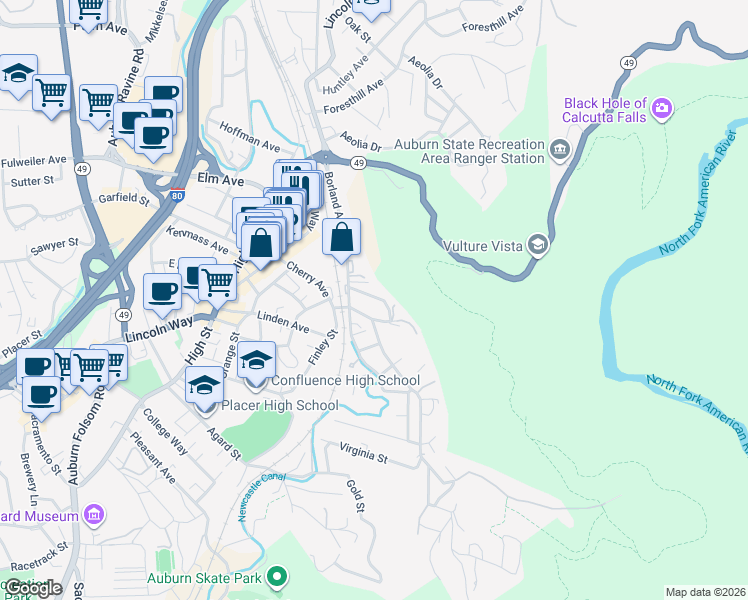 map of restaurants, bars, coffee shops, grocery stores, and more near 175 Borland Avenue in Auburn