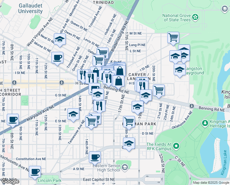 map of restaurants, bars, coffee shops, grocery stores, and more near 101 Independence Avenue Southeast in Washington