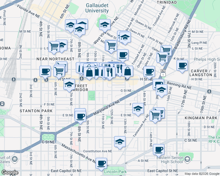 map of restaurants, bars, coffee shops, grocery stores, and more near 101 Independence Avenue Southeast in Washington
