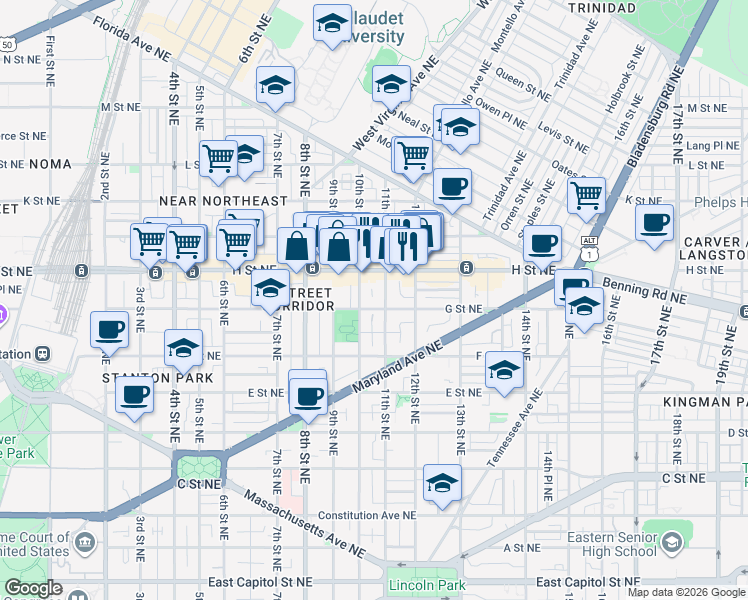 map of restaurants, bars, coffee shops, grocery stores, and more near 101 Independence Avenue Southeast in Washington