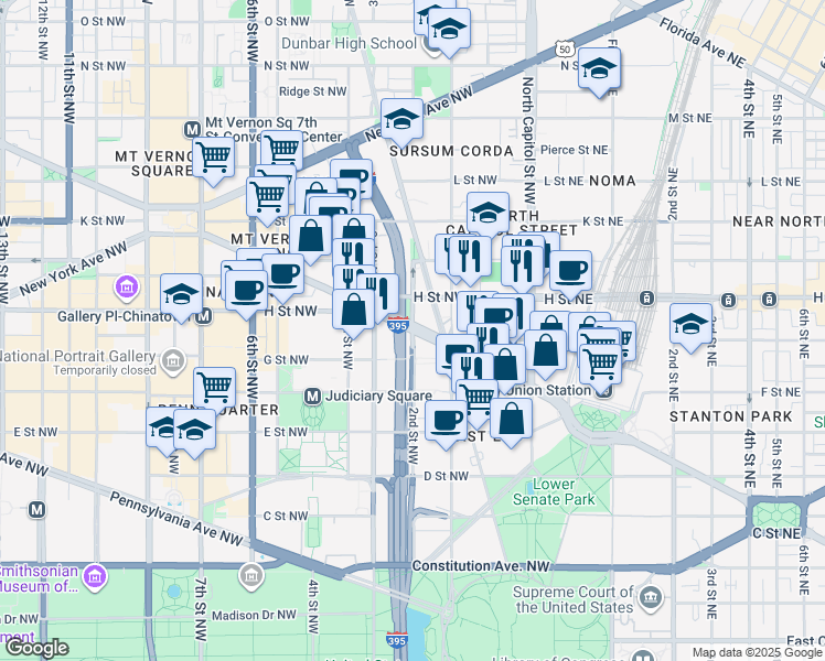 map of restaurants, bars, coffee shops, grocery stores, and more near 101 Independence Avenue Southeast in Washington