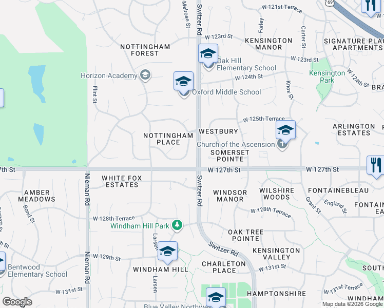 map of restaurants, bars, coffee shops, grocery stores, and more near 12613 Stearns Street in Overland Park