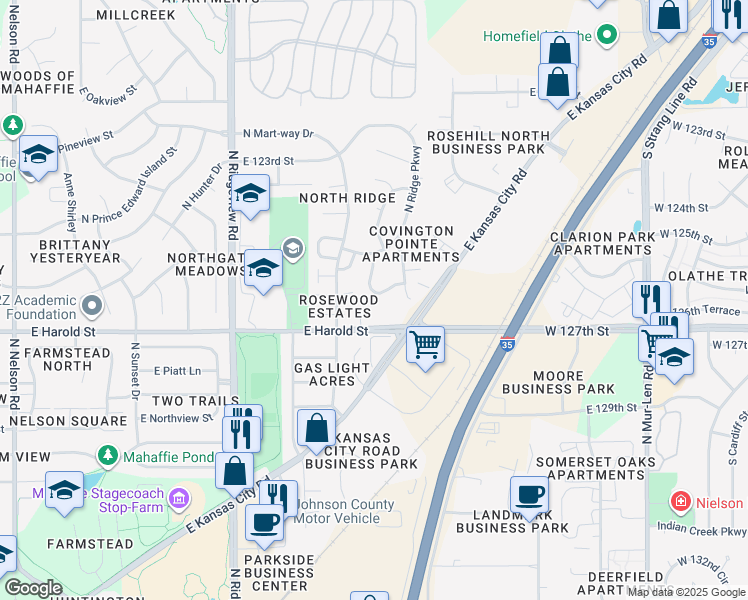 map of restaurants, bars, coffee shops, grocery stores, and more near 1251c Petzold Drive in Olathe