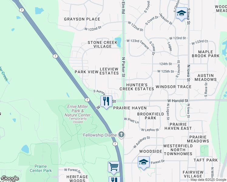 map of restaurants, bars, coffee shops, grocery stores, and more near 1200 North Leeview Drive in Olathe