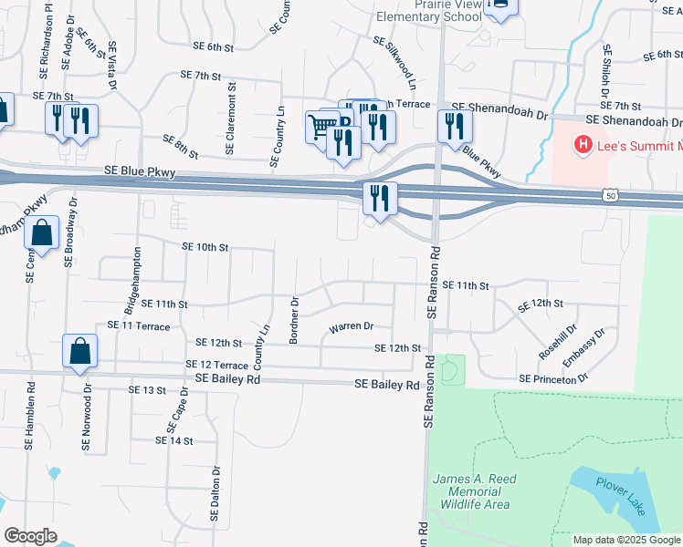 map of restaurants, bars, coffee shops, grocery stores, and more near 1000 Southeast 11 Court in Lee's Summit