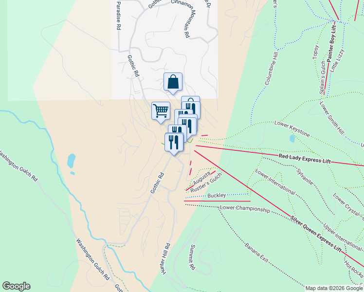 map of restaurants, bars, coffee shops, grocery stores, and more near 1349 Crested Butte Way in Crested Butte