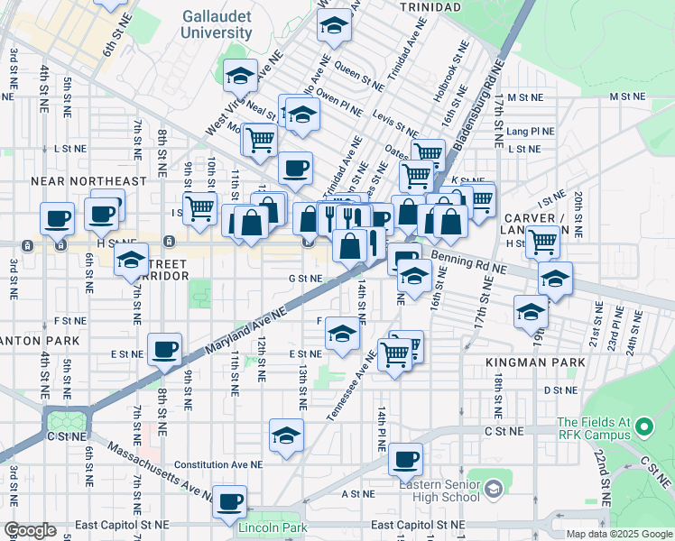 map of restaurants, bars, coffee shops, grocery stores, and more near 1328 Maryland Avenue Northeast in Washington