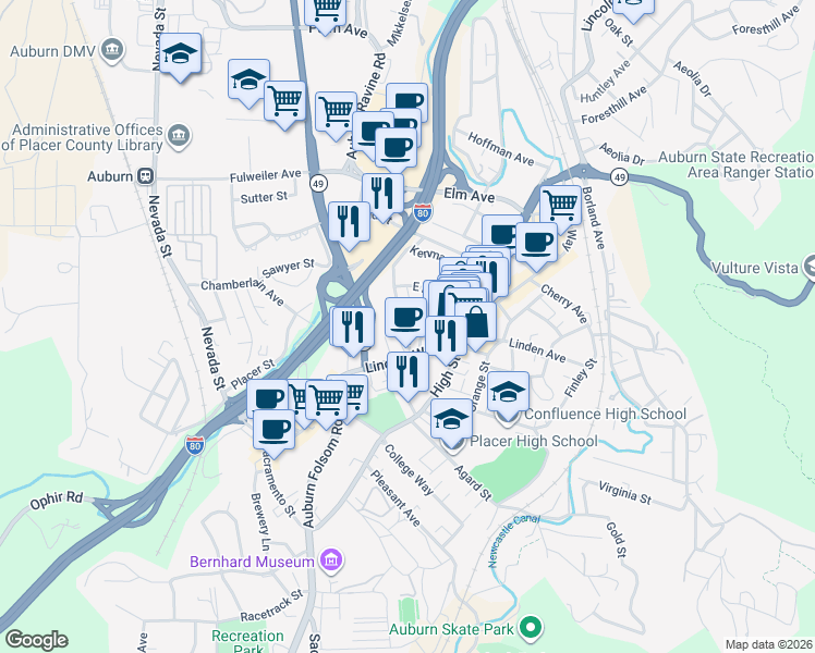 map of restaurants, bars, coffee shops, grocery stores, and more near 150 Pine Street in Auburn