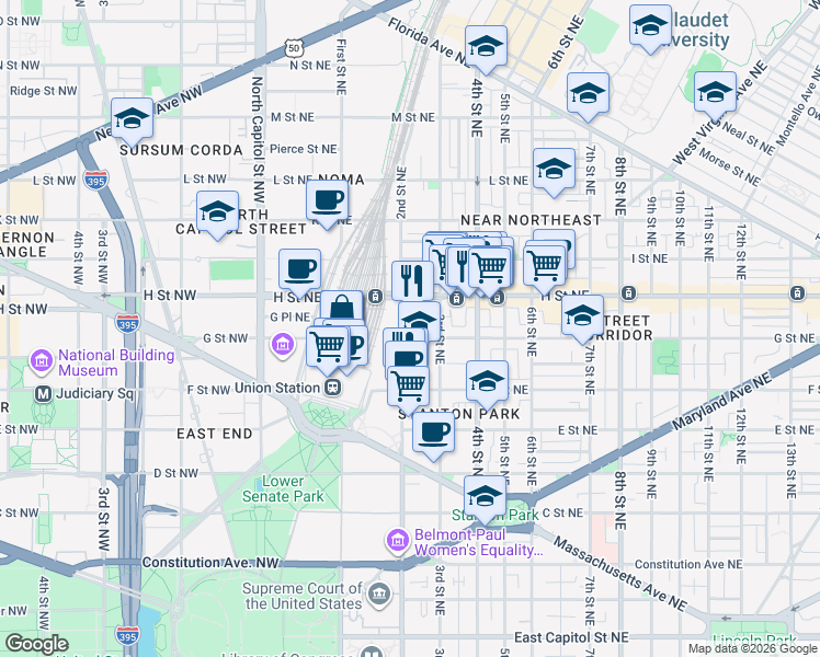 map of restaurants, bars, coffee shops, grocery stores, and more near 101 Independence Avenue Southeast in Washington