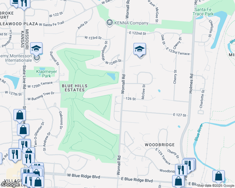 map of restaurants, bars, coffee shops, grocery stores, and more near 11 West 125th Terrace in Kansas City