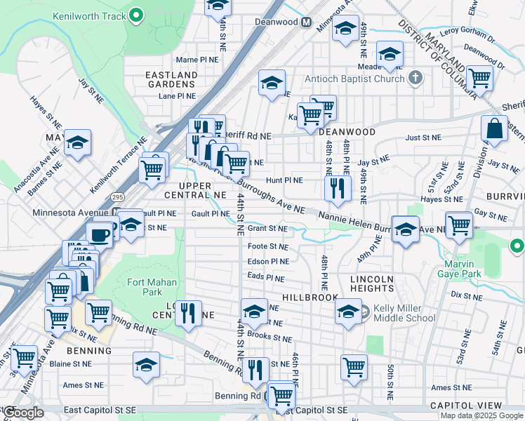 map of restaurants, bars, coffee shops, grocery stores, and more near 4434 Gault Place Northeast in Washington