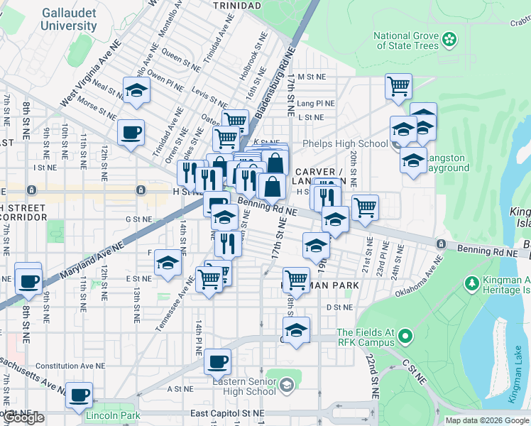 map of restaurants, bars, coffee shops, grocery stores, and more near 101 Independence Avenue Southeast in Washington