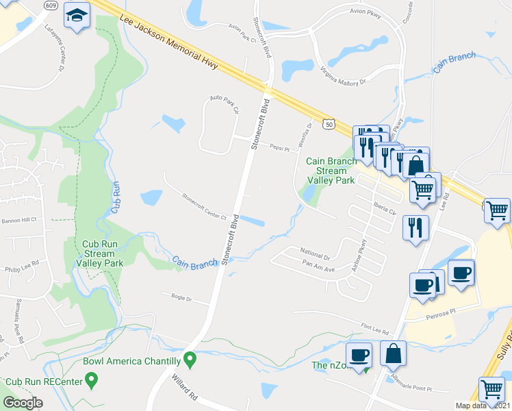 map of restaurants, bars, coffee shops, grocery stores, and more near 4175 Stonecroft Boulevard in Chantilly