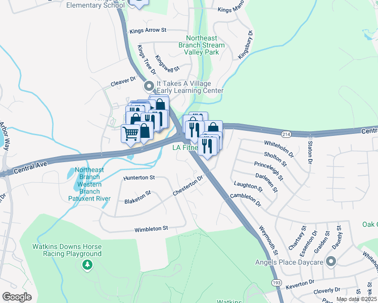 map of restaurants, bars, coffee shops, grocery stores, and more near 15 Watkins Park Drive in Upper Marlboro