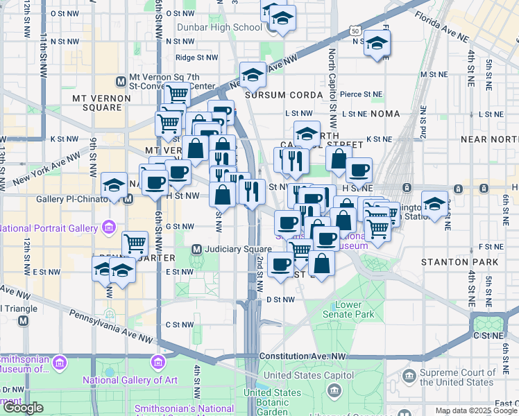 map of restaurants, bars, coffee shops, grocery stores, and more near 200 Massachusetts Avenue Northwest in Washington