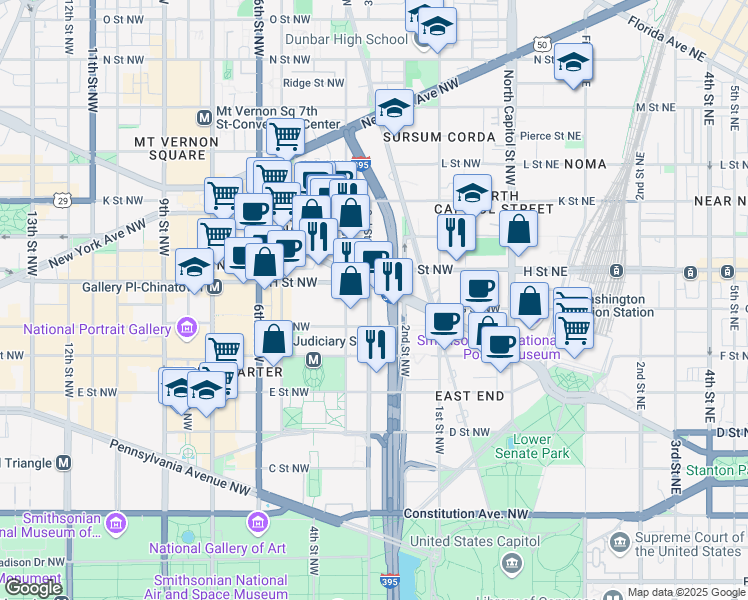 map of restaurants, bars, coffee shops, grocery stores, and more near 200 Massachusetts Avenue Northwest in Washington