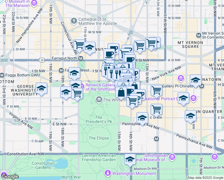 map of restaurants, bars, coffee shops, grocery stores, and more near in Washington