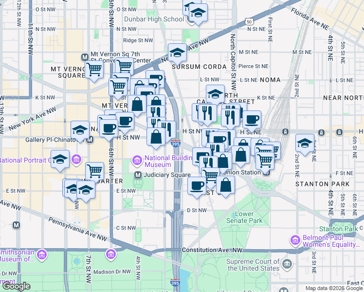 map of restaurants, bars, coffee shops, grocery stores, and more near 200 Massachusetts Avenue Northwest in Washington