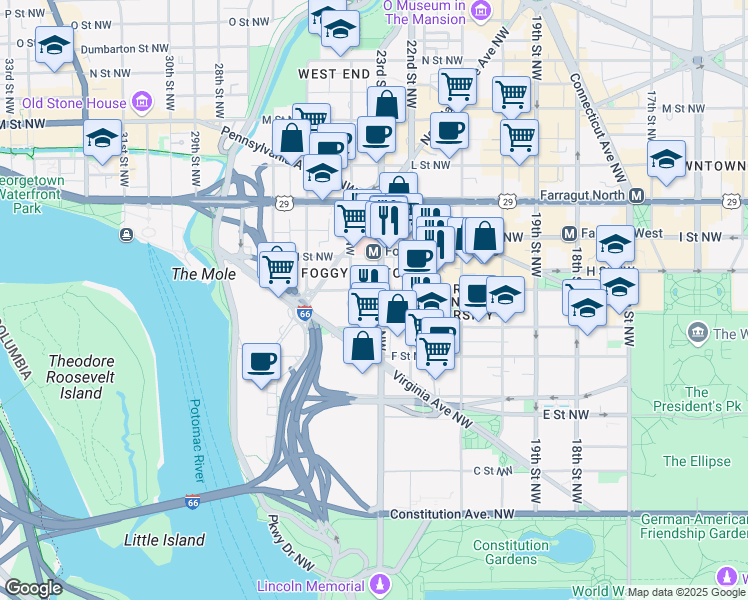 map of restaurants, bars, coffee shops, grocery stores, and more near 730 23rd Street Northwest in Washington