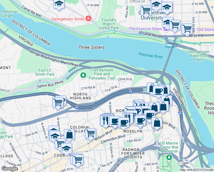 map of restaurants, bars, coffee shops, grocery stores, and more near 1670 21st Road North in Arlington