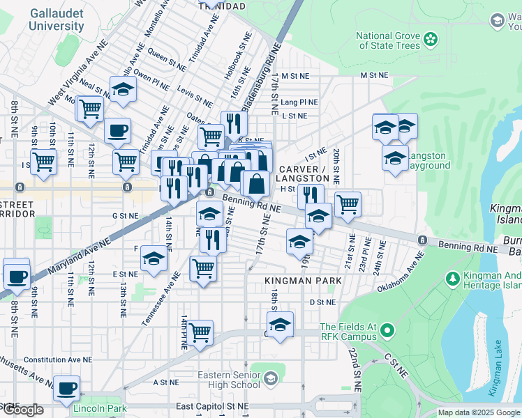 map of restaurants, bars, coffee shops, grocery stores, and more near 1647 Benning Road Northeast in Washington