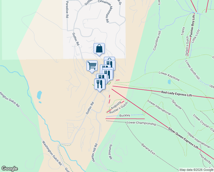 map of restaurants, bars, coffee shops, grocery stores, and more near 1349 Crested Butte Way in Crested Butte