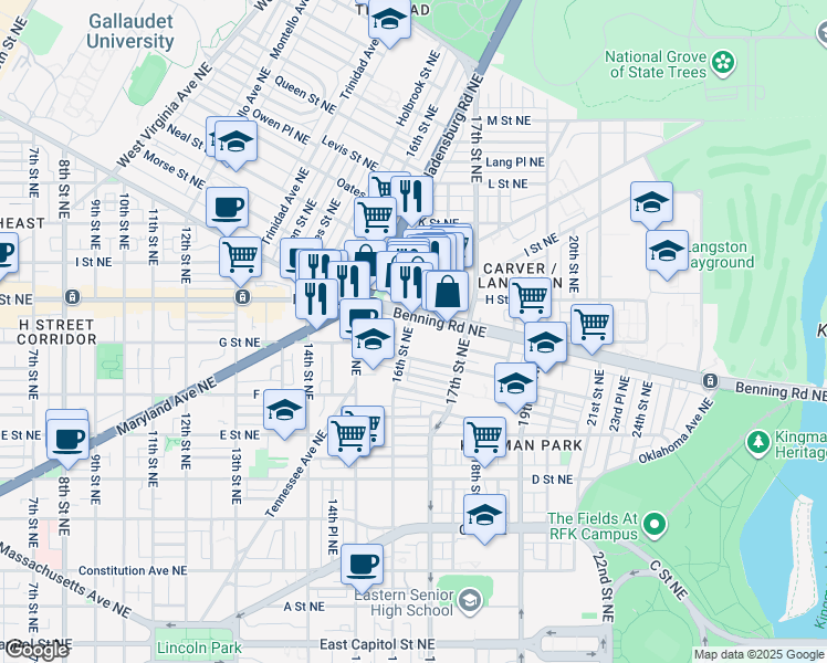 map of restaurants, bars, coffee shops, grocery stores, and more near 725 16th Street Northeast in Washington