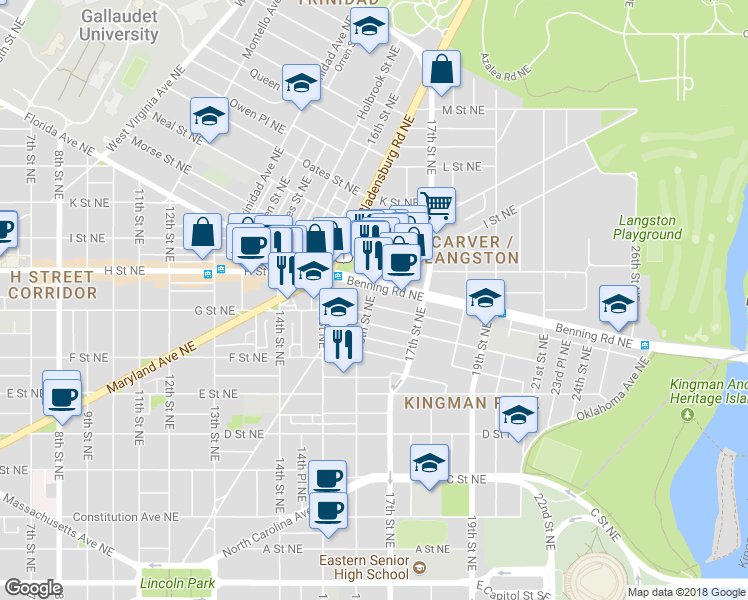 map of restaurants, bars, coffee shops, grocery stores, and more near 725 16th Street Northeast in Washington