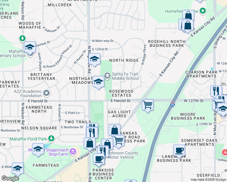map of restaurants, bars, coffee shops, grocery stores, and more near 1221 North Mart-way Drive in Olathe