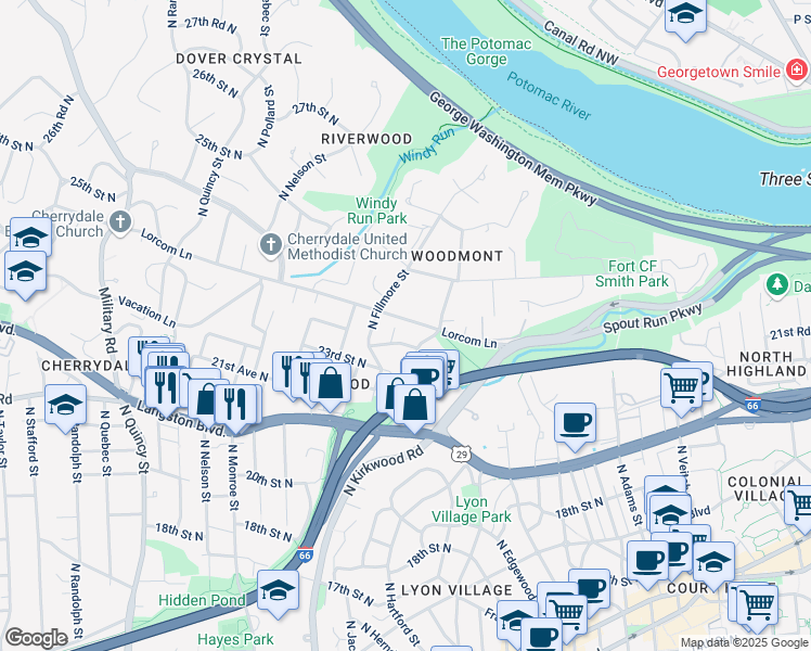 map of restaurants, bars, coffee shops, grocery stores, and more near 2826 Lorcom Lane in Arlington
