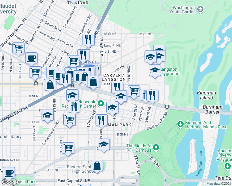 map of restaurants, bars, coffee shops, grocery stores, and more near 1814 Benning Road Northeast in Washington