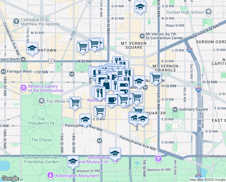 map of restaurants, bars, coffee shops, grocery stores, and more near 1000 H Street Northwest in Washington